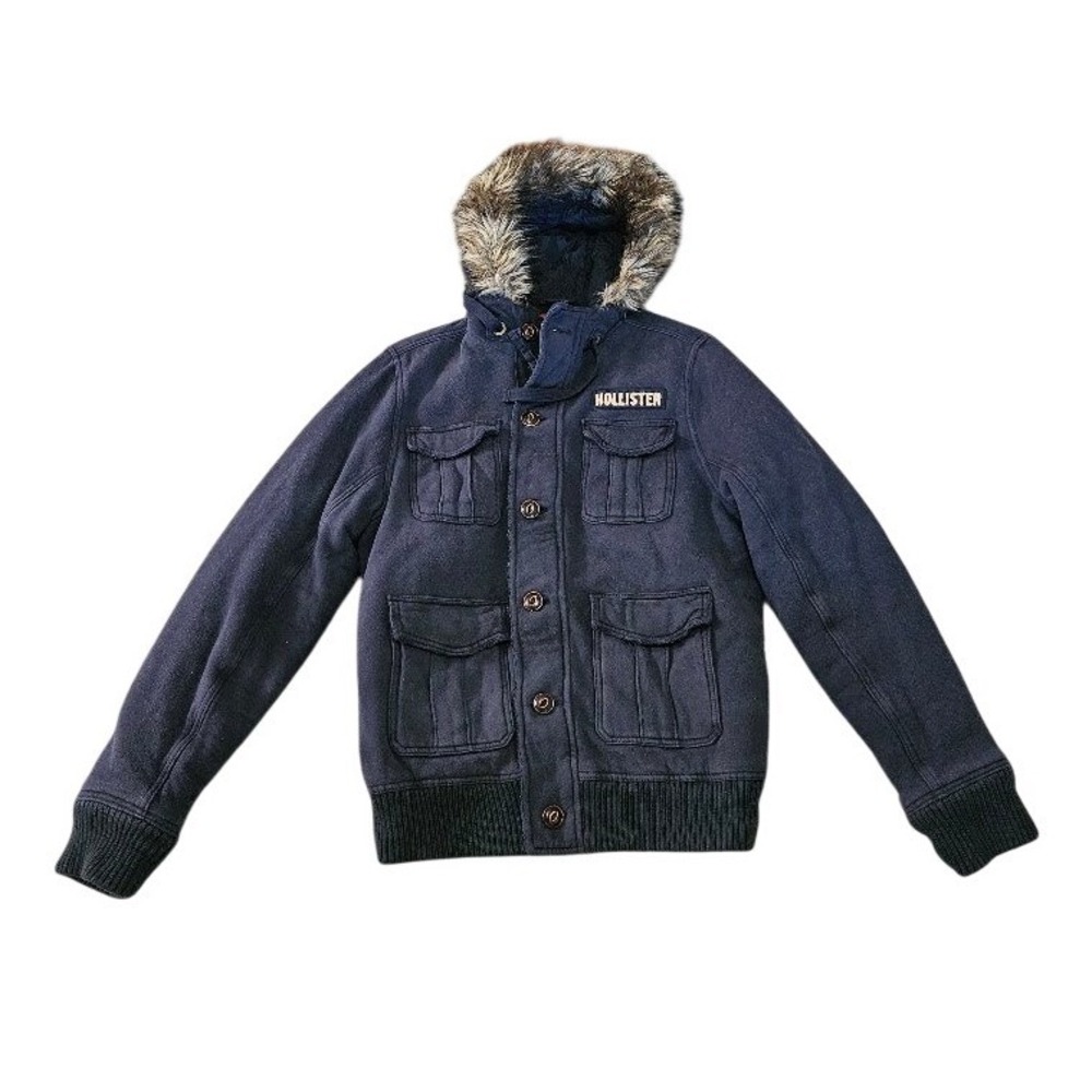 Hollister Strands Point Mens XL Navy Blue Faux Fur Hooded Heavy Jacket Y2K VTG
